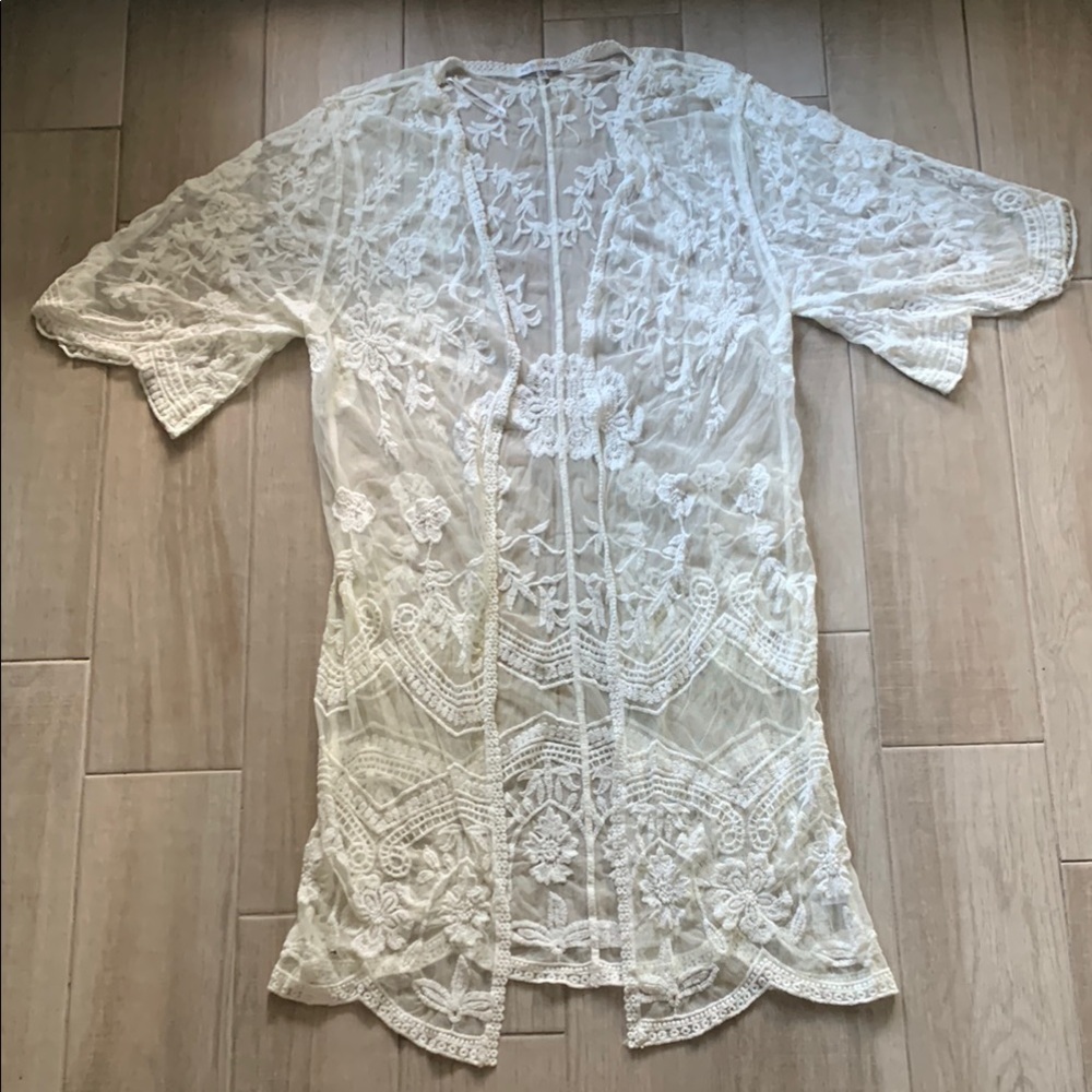 WOVEN HEART White Cream Lace Embroidered Sheer Cotton Nylon Robe Kimono